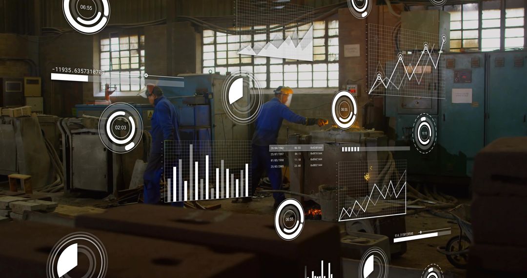 Machinist operating hot forge with AR data overlays in industrial metalworking workshop