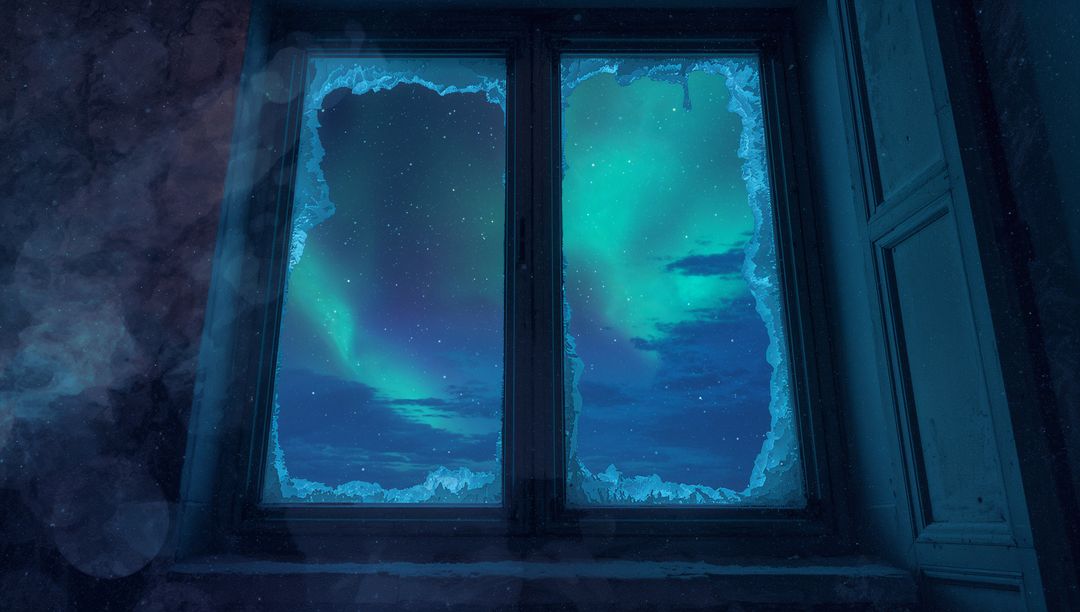 Rustic Icy Window with Aurora Borealis View