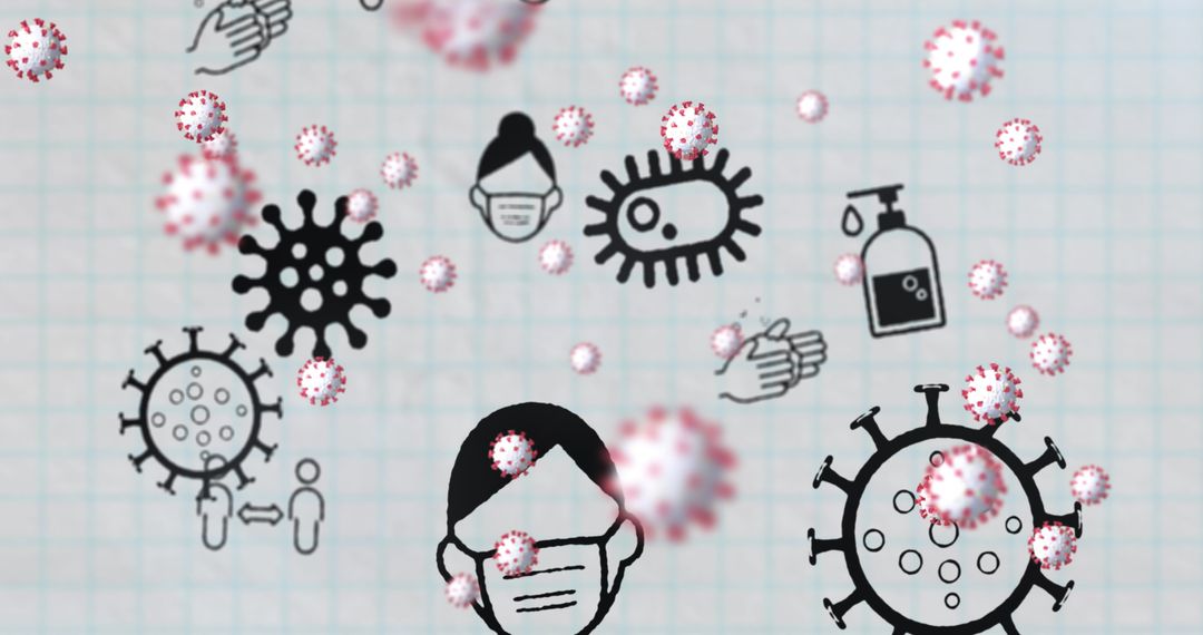 Pandemic Icons with Covid-19 Virus Floating on Squared Background