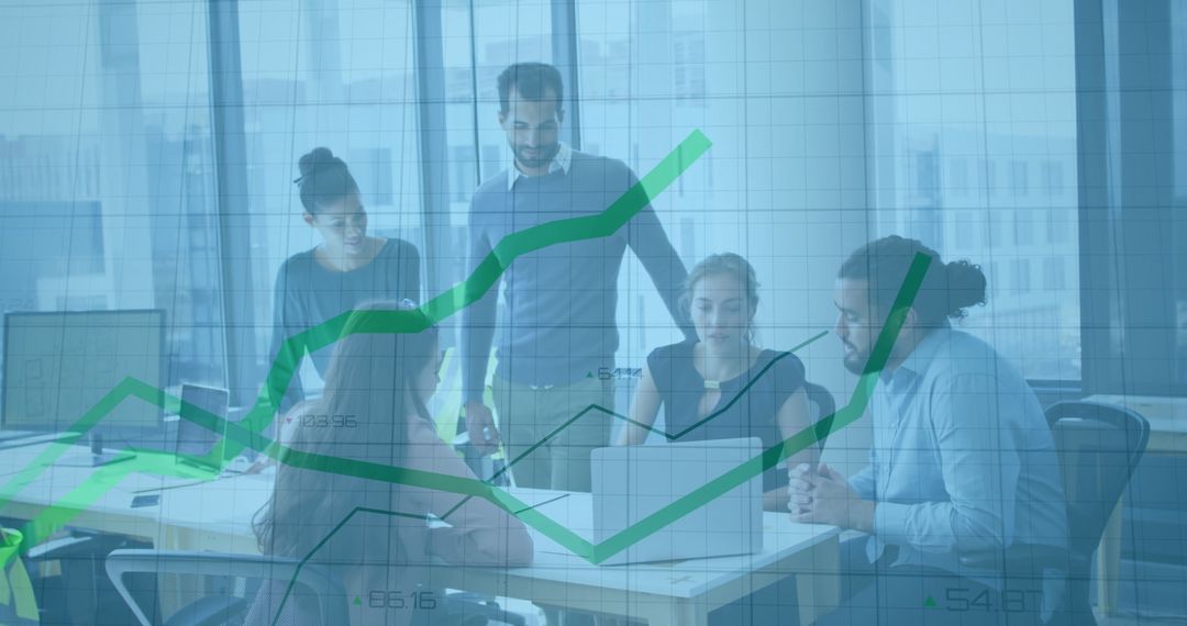 Team Analyzing Data with Growth Charts Overlay in Modern Office