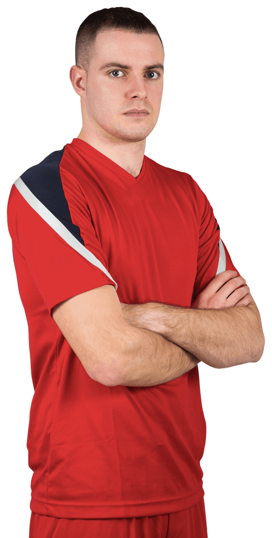 Confident Athlete in Red Jersey Standing with Arms Crossed Transparent