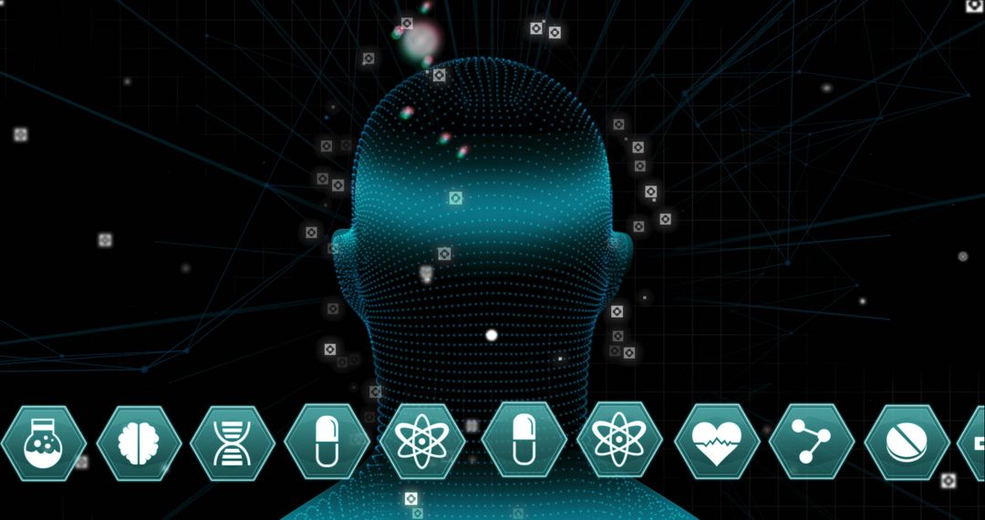 Digital Head with Medical Icons on Black Tech Background