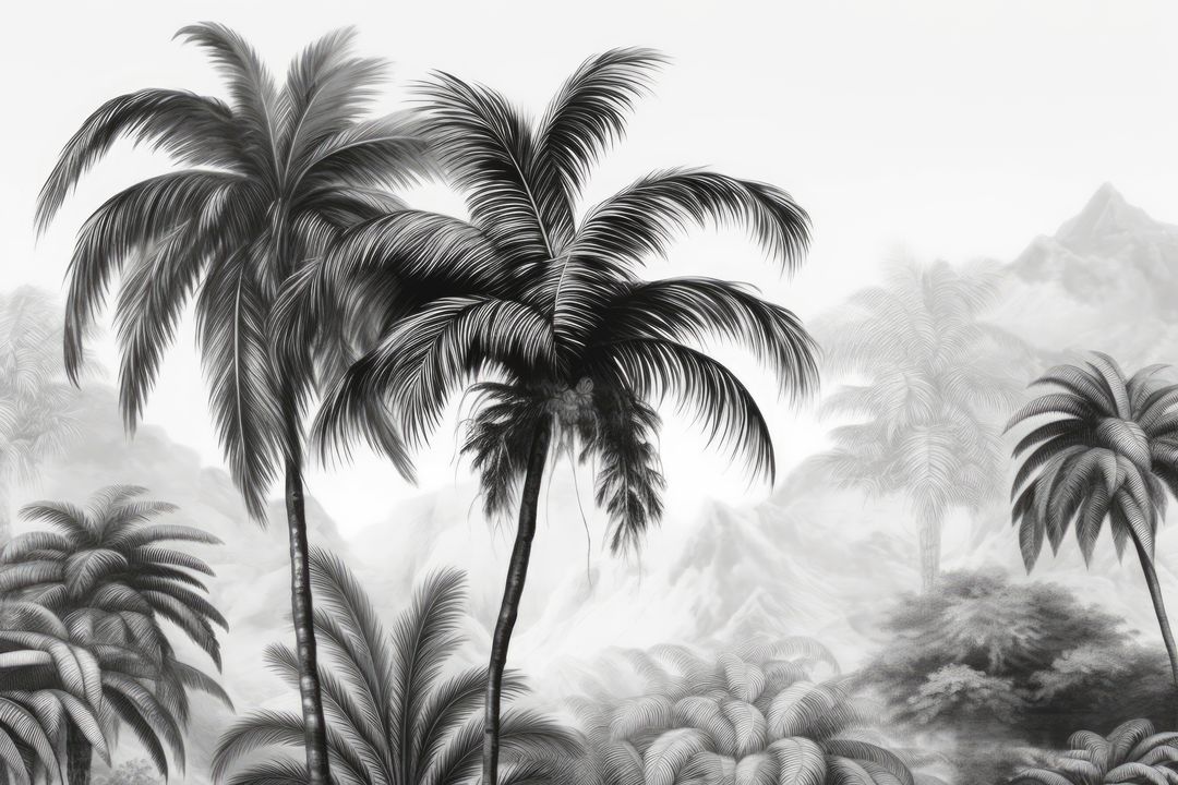 Black and White Palm Tree Art with Misty Mountain Background - Free Images, Stock Photos and Pictures on Pikwizard.com