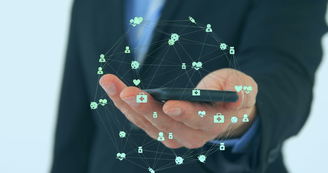 Businessman Using Smartphone with Global Network and Data Icons