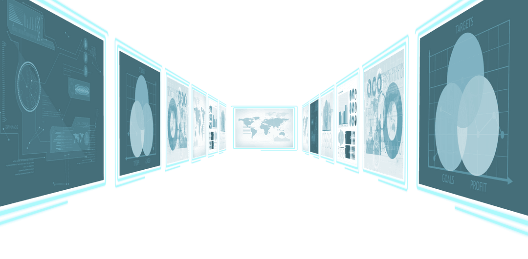 Futuristic Digital Screens with Data Panels on Transparent Background