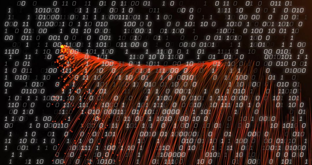 Binary Code Overlay with Fiber Optic Cables on Dark Background