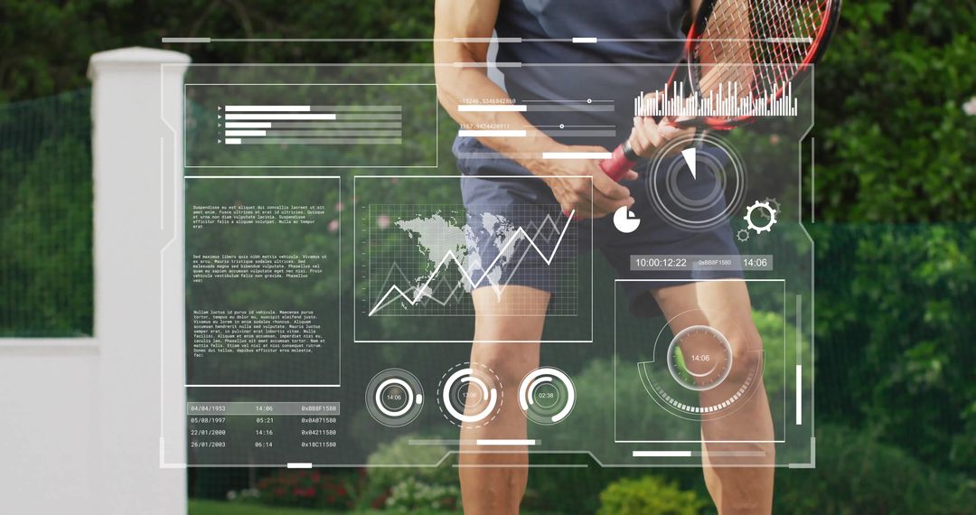 Senior Tennis Player with Futuristic HUD Analytics Display