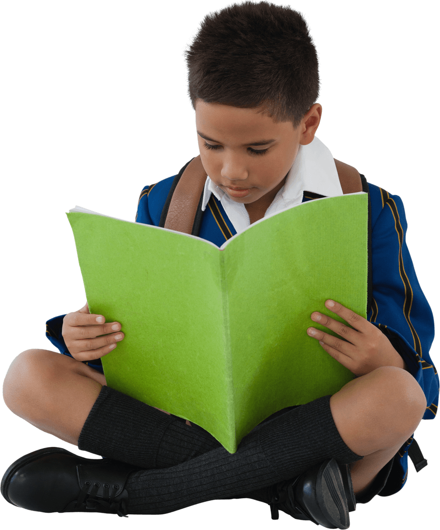 Transparent Schoolboy Reading Green Book While Sitting Cross-Legged
