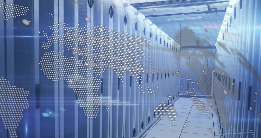 Futuristic data center aisle featuring dotted world map overlay representing global network