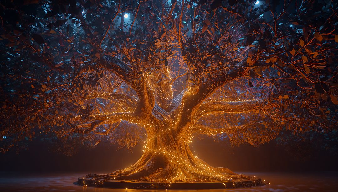 Enchanted Ancient Tree Adorned with Golden Lights in Mystical Forest