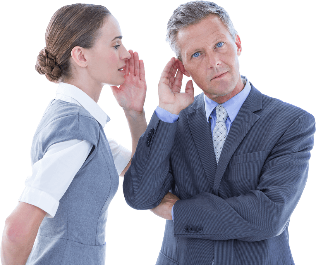 Focused Business Pair Sharing Secret on Transparent Background