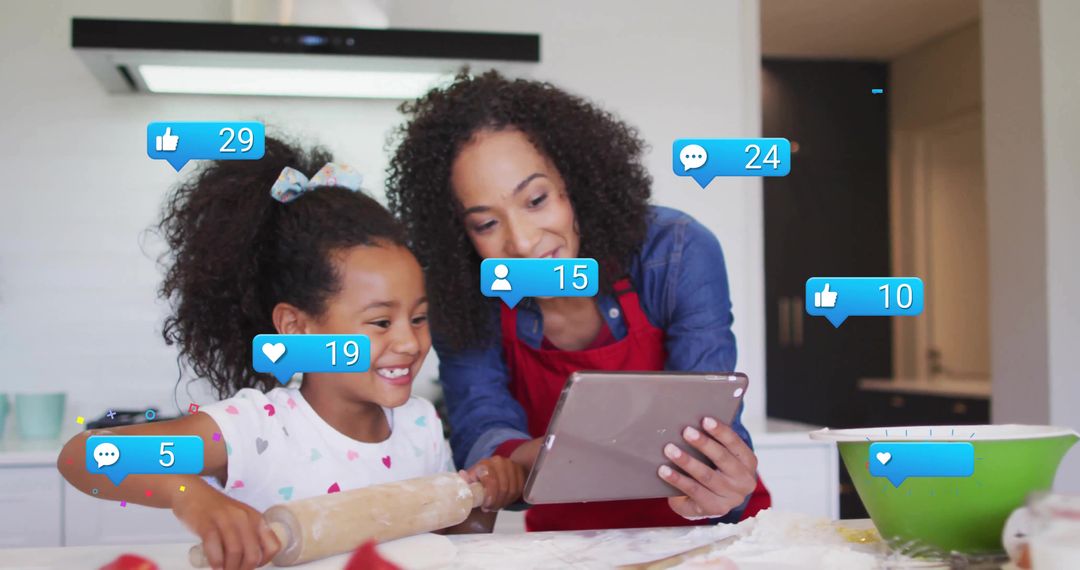 Mother and Daughter Baking Together in a Digitally Connected Kitchen