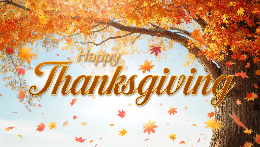 Golden Thanksgiving Greeting Floating Over Autumn Tree Canopy with Falling Leaves