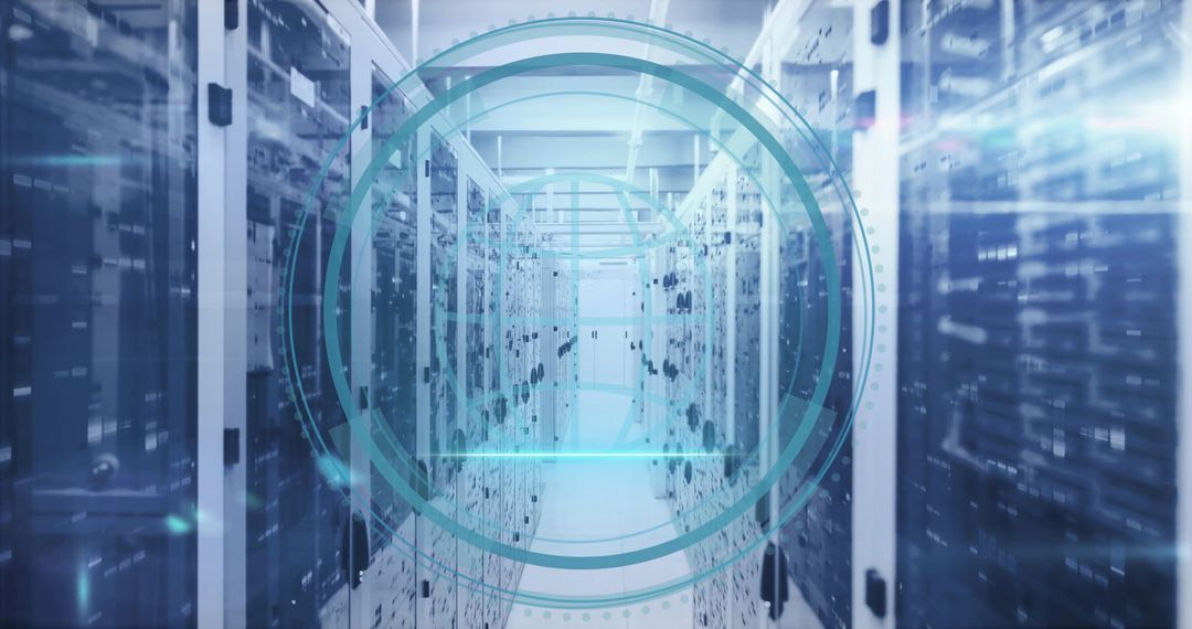 Futuristic Data Center with Teal Network Monitoring Overlay