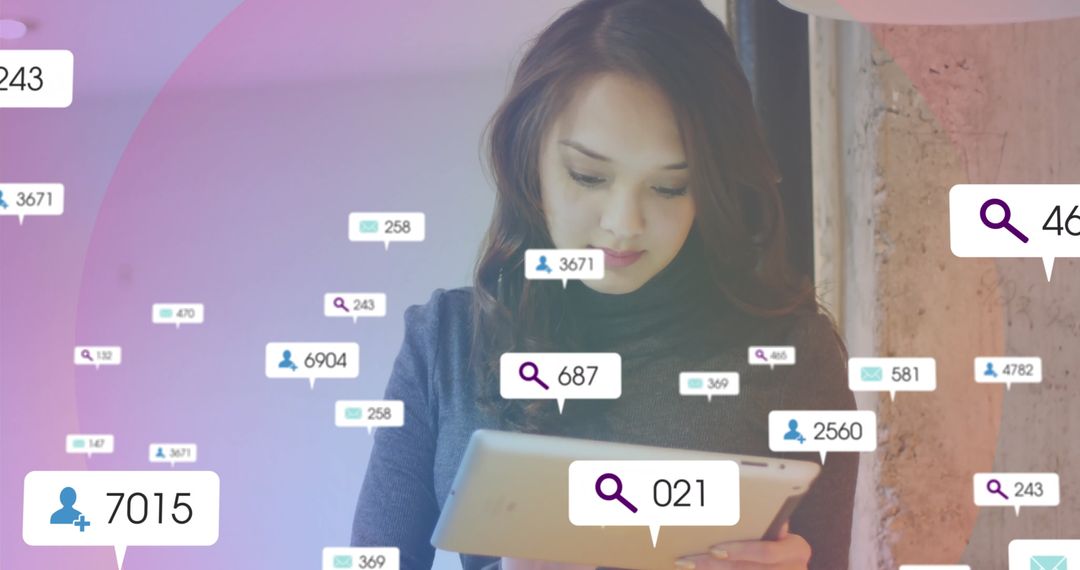 Professional Woman Navigating Digital Notifications in Modern Office