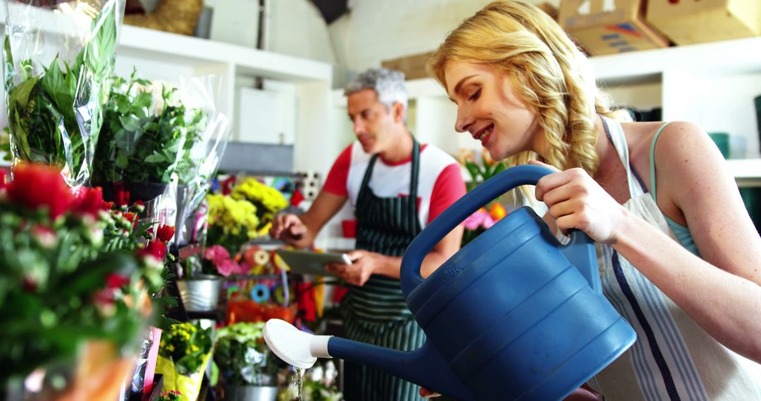 Happy Woman Watering Plants in Florist Shop with Worker in Background - Free Images, Stock Photos and Pictures on Pikwizard.com