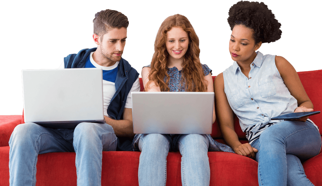 Transparent Background of Creative Team Seated on Red Sofa Using Devices