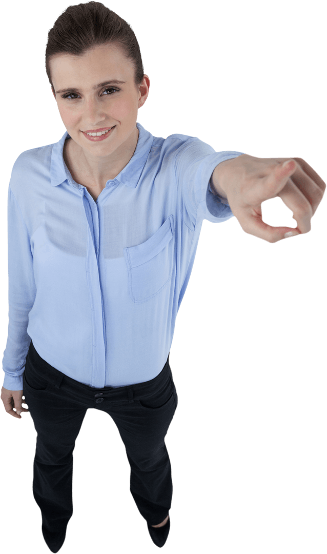 Smiling Businesswoman Pointing at Transparent Digital Interface