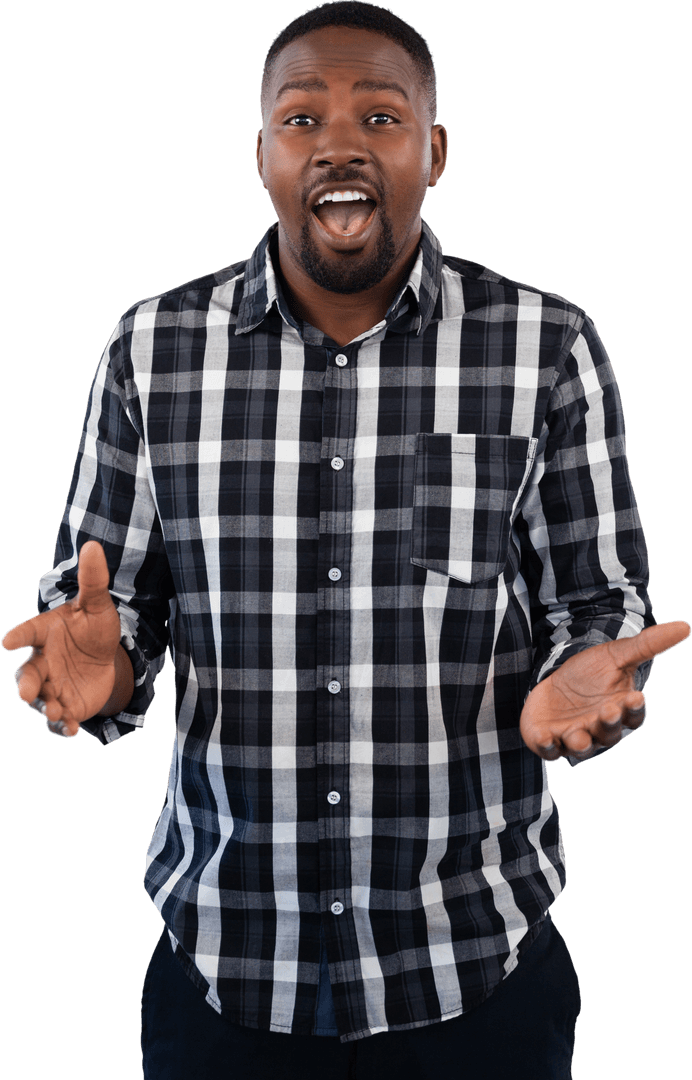 Surprised Expression of Young Male Wearing Black and White Plaid