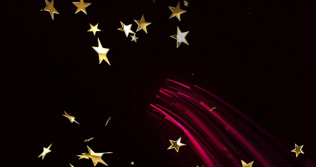 Floating Gold Stars with Magenta Light Streaks in Cosmic Night