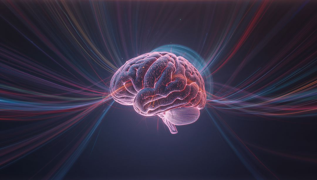 3D Glowing Brain with Radiating Light Trails in Dark Digital Space