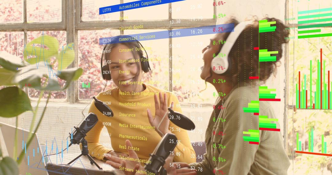 Podcast Co-Hosts Recording in Loft Studio with Microphones, Laptop and Financial Graphs