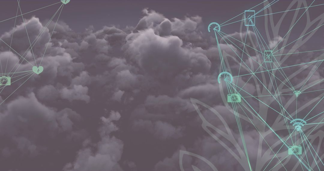 Digital Network Icons Floating Over Cloudy Sky