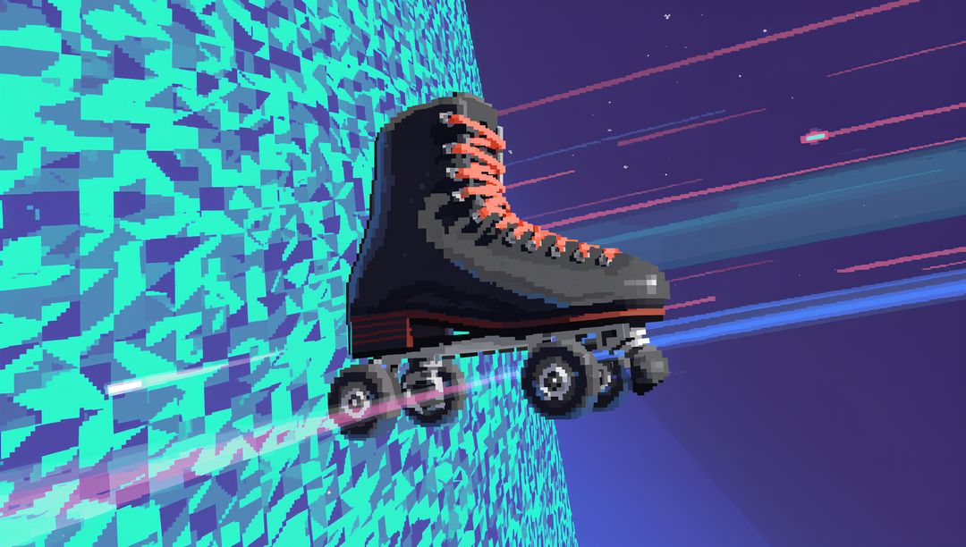 Gliding Voxel Roller Skate with Neon Laces over Teal Geometric Corridor Retro Cyberpunk