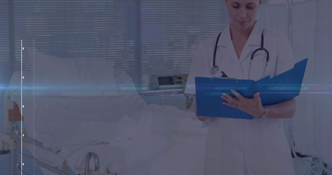 Nurse in Hospital with Clipboard Reviewing Patient Information