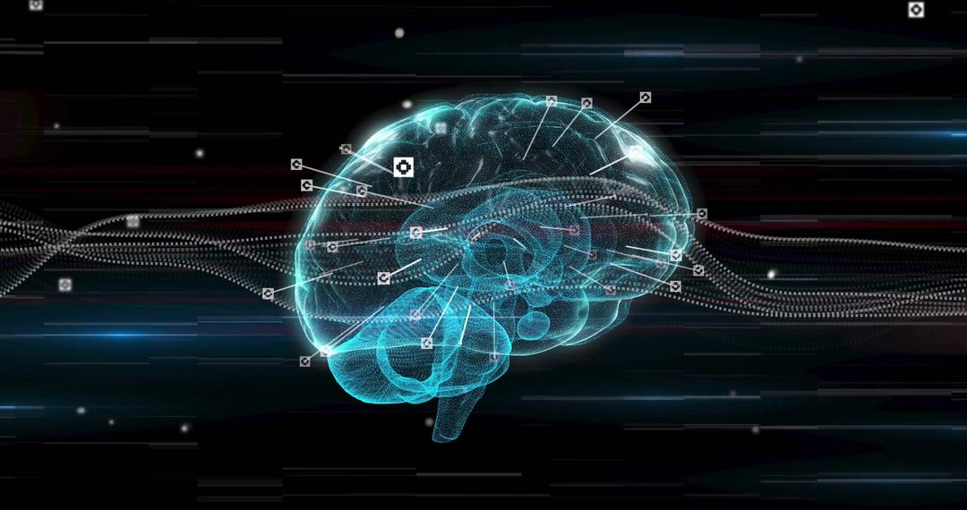 Futuristic Wireframe Brain Model with Glowing Data Nodes