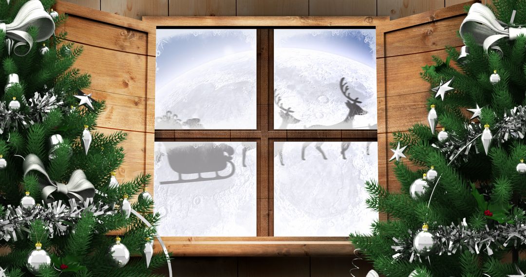 Santa Sleigh Silhouette Seen Through Festive Window