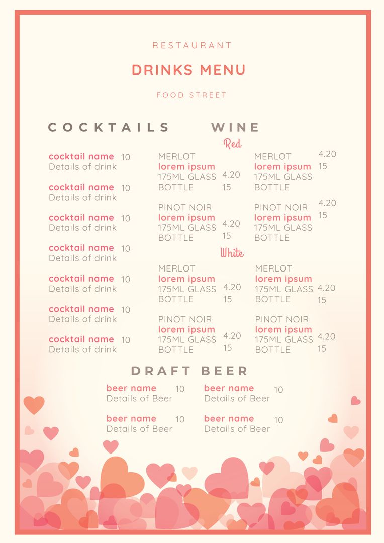 Valentine's Day Restaurant Drinks Menu with Heart Design - Download Free Stock Templates Pikwizard.com