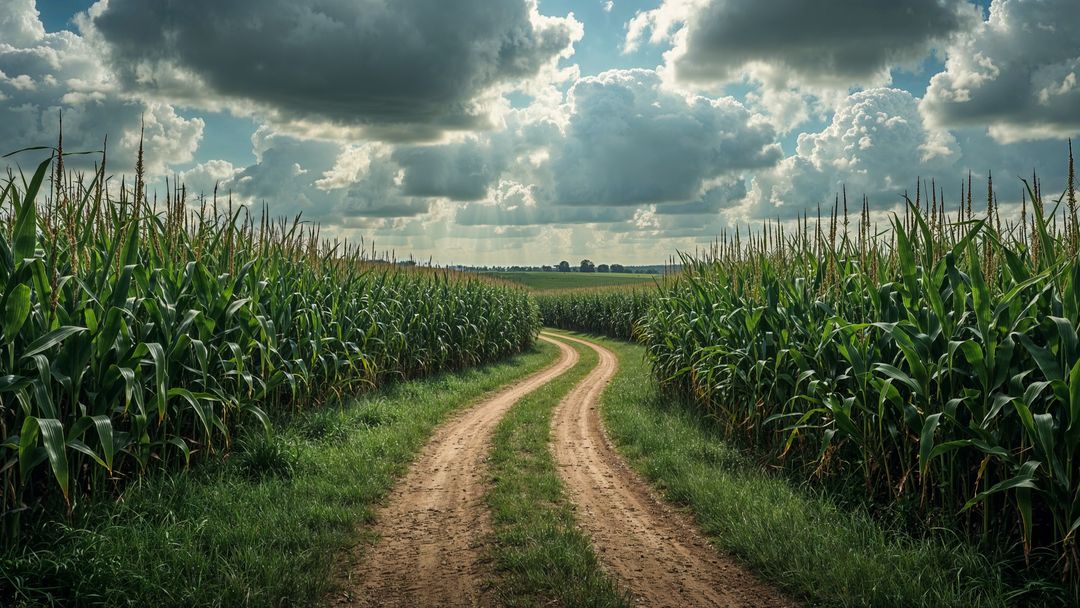 Winding Dirt Road Through Cornfields Under Dramatic Clouds