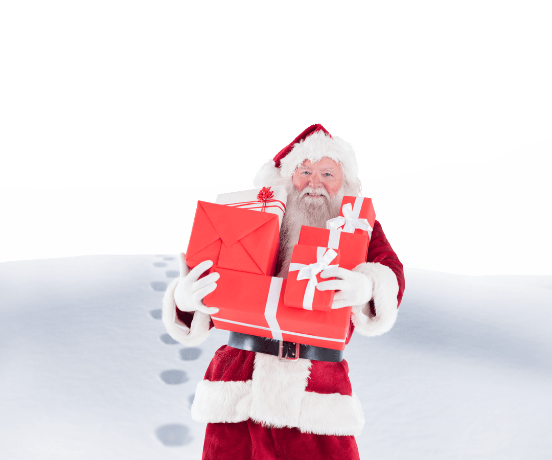 Santa Claus Carrying Red Gifts on Transparent Snow Background