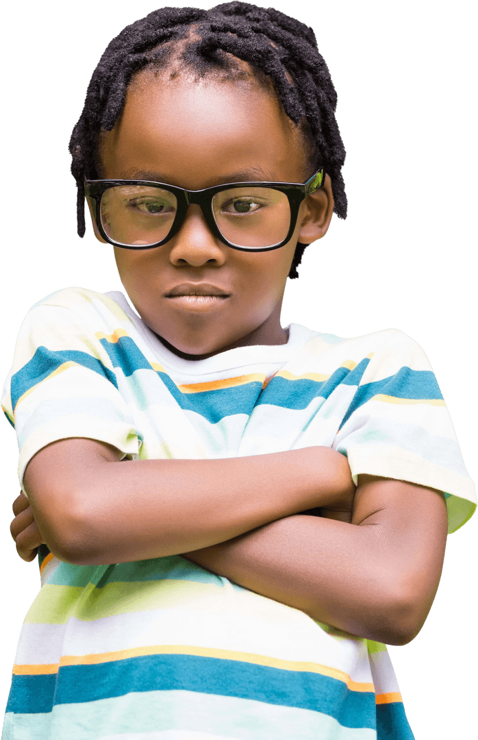 Confident Child with Glasses Crossing Arms Transparent Background