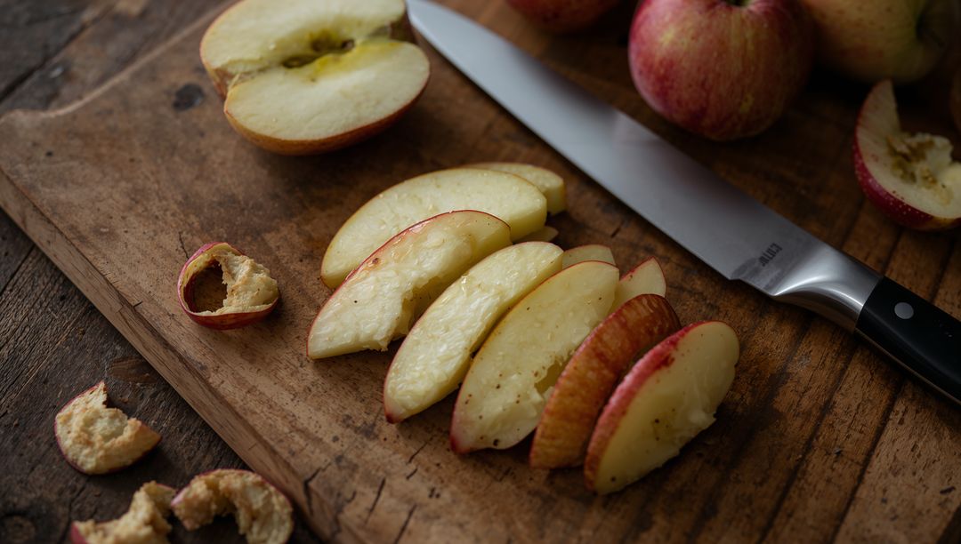Sliced Apple Wedges on Rustic Wooden Cutting Board with Chef Knife, Warm Moody Light