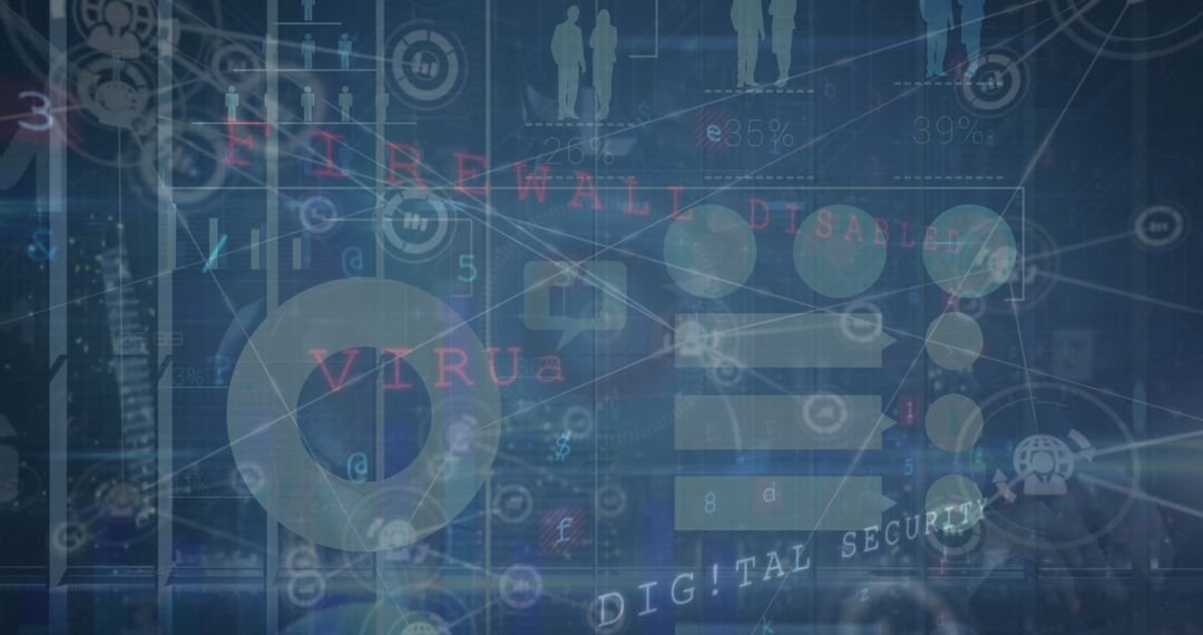 Digital Security Overlay with Firewall and Virus Protection Symbols