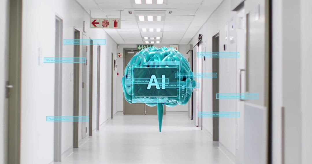 AI Brain Model Overlayed on Hospital Corridor