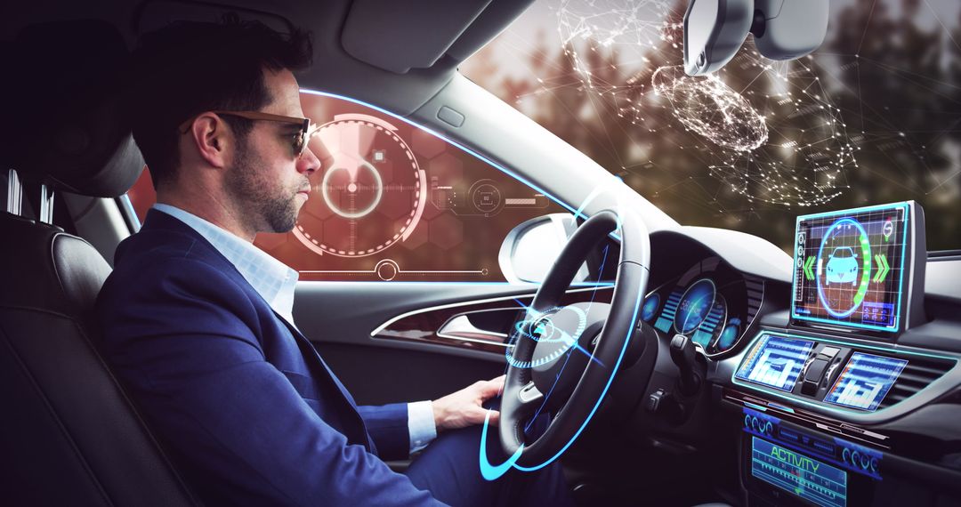 Businessman Seated in Self-Driving Car with Digital Interface