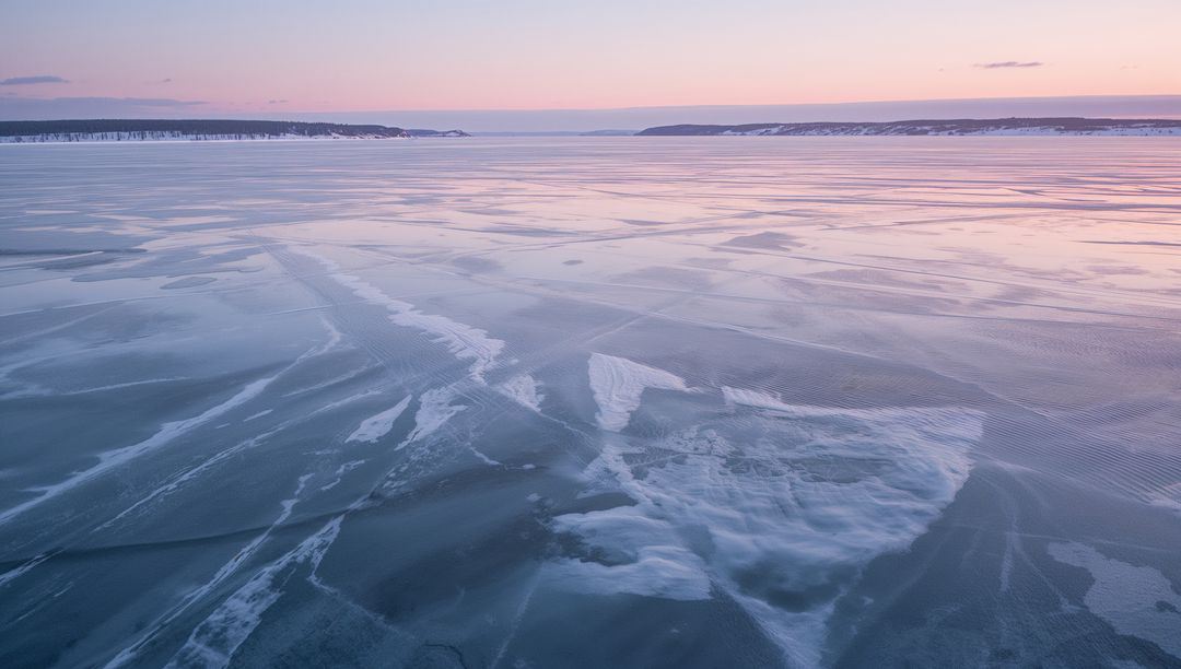 Serene Frozen Lake During Dawn with Snowy Shores