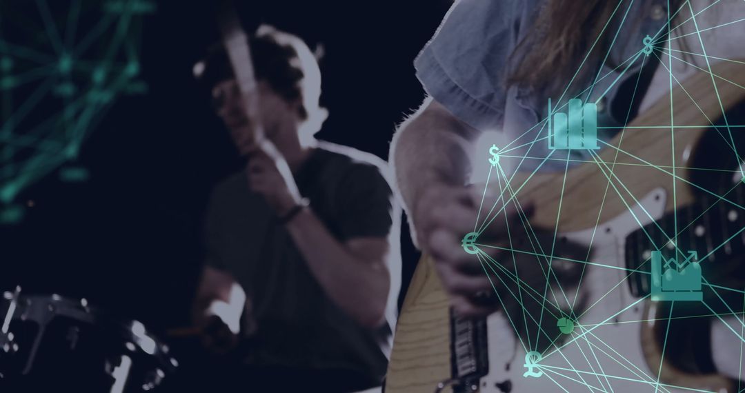 Musicians Performing with Overlay of Financial Data and Analytics