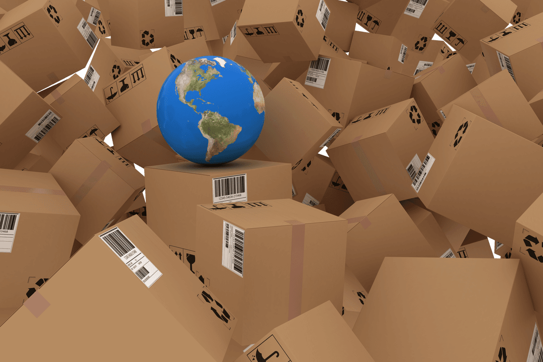 Transparent Illustration of Globe Surrounded by Cardboard Boxes