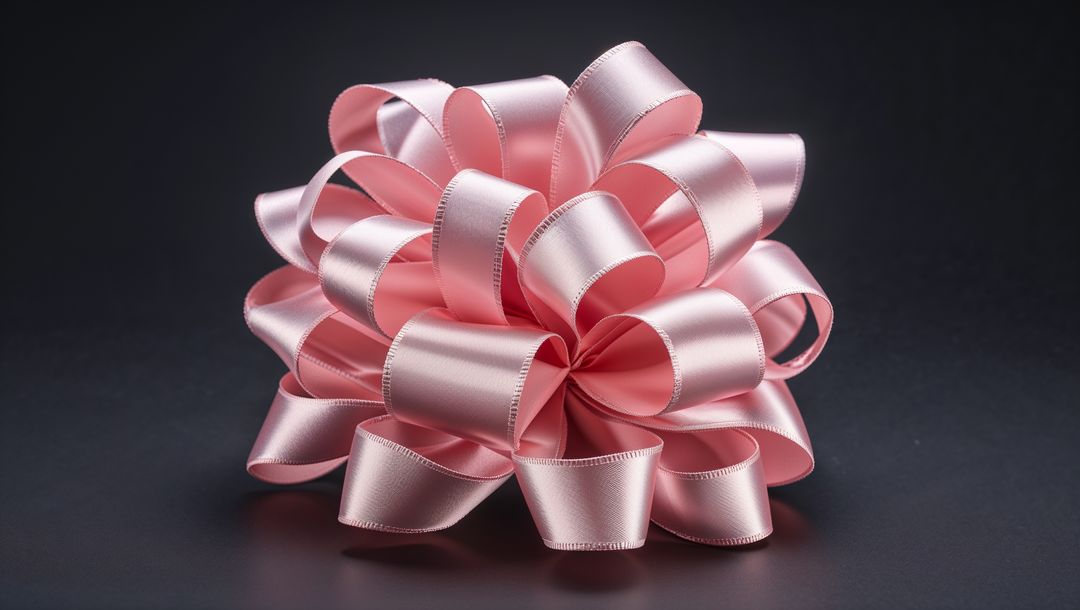 Shiny Pink Satin Ribbon Bow with Stitched Edges on Reflective Studio Surface