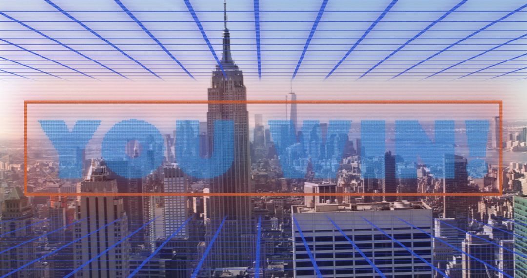 Futuristic Cityscape with Digital 'You Win' Graphic Overlay