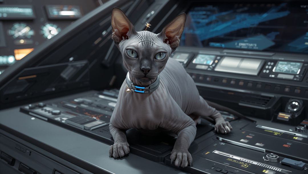 Sphynx cat perching on futuristic spacecraft console wearing glowing collar and gold pin