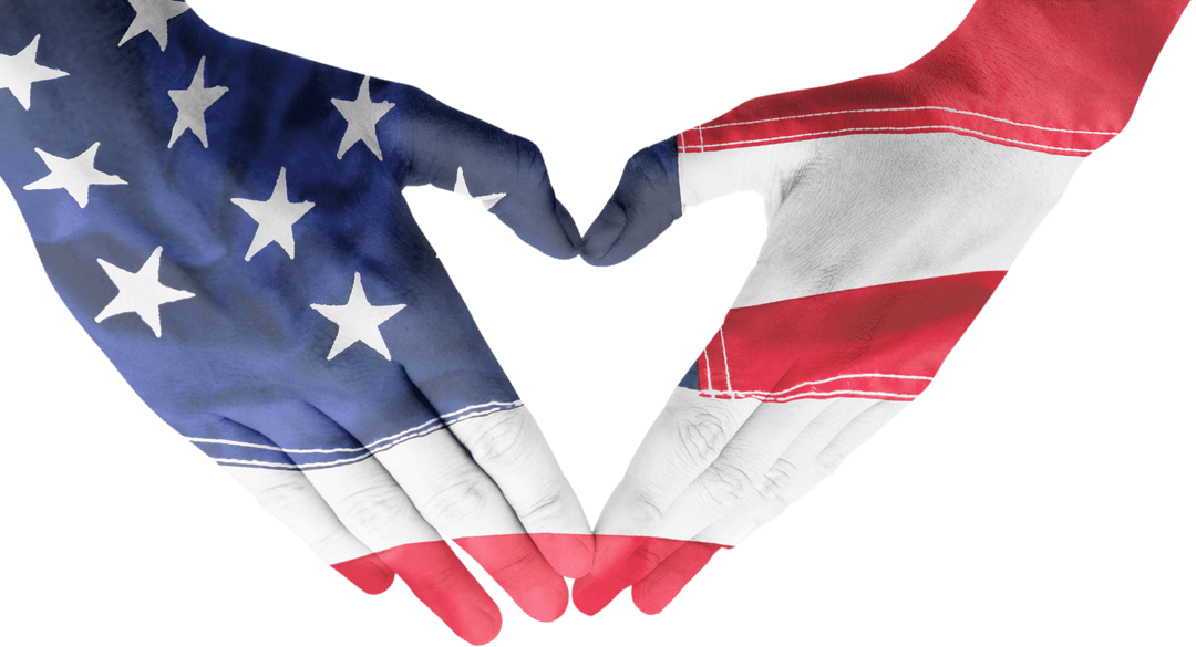 USA Flag Painted Hands Making Heart Shape on Transparent Background