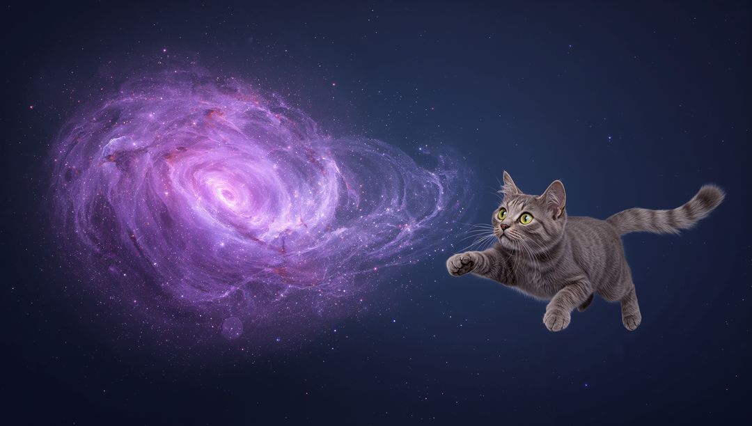 Floating gray tabby reaching toward purple spiral galaxy in surreal cosmic dreamscape
