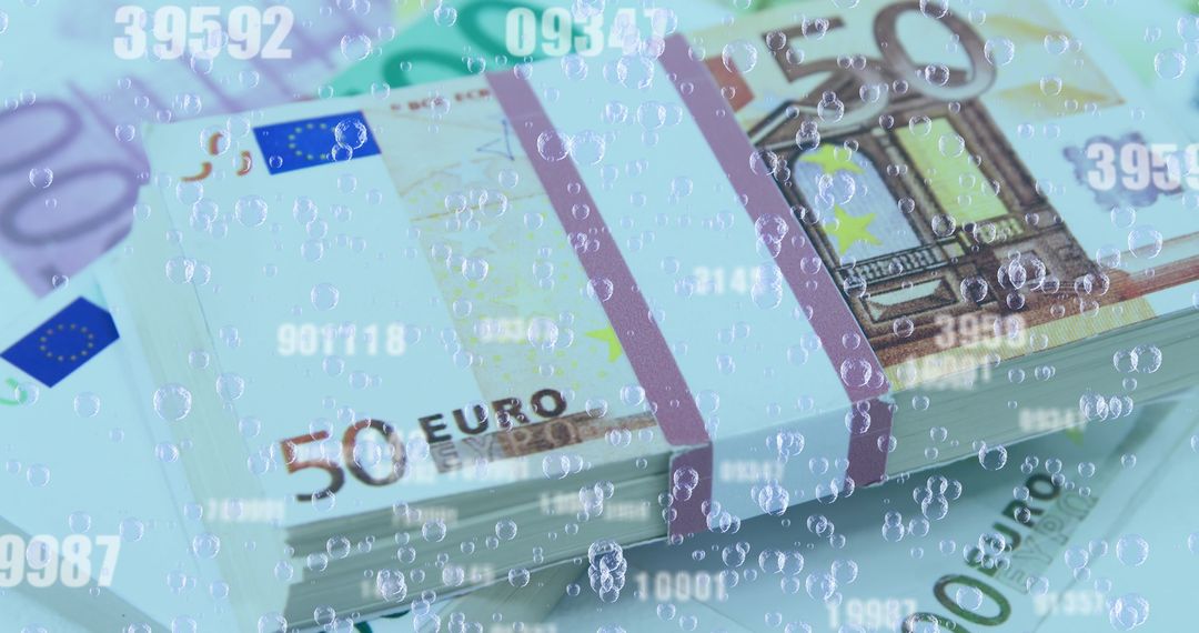Stacks of Euro Bills with Floating Numbers and Bubbles