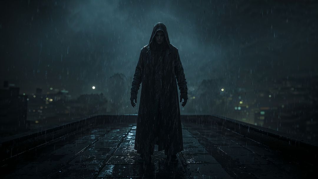 Hooded assassin figure standing in rain on rooftop at night