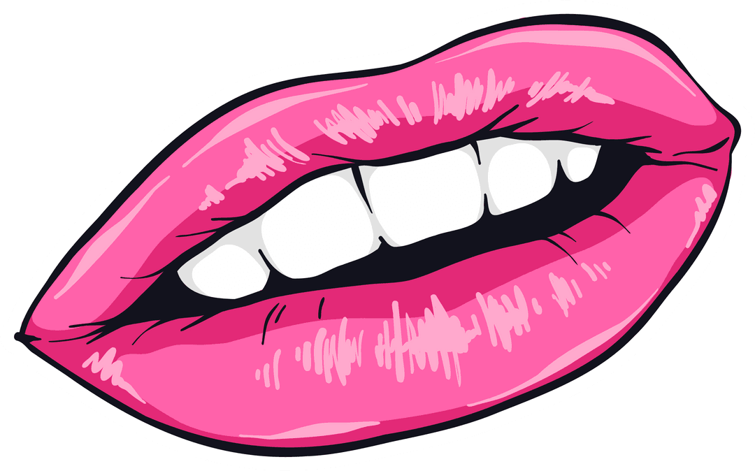 Bright Pink Lips Cartoon with White Teeth Transparent Background Pop Art Style